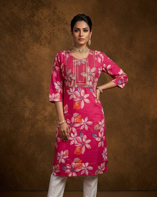 Rani pink colour kurti with styled with a thread pattern around neckline & Floral print across body, knee length design, and a sleeve .
