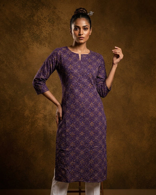 Purple colour Kurti featuring floral print pattern with stripes across,  round neckline with split, and sleeves