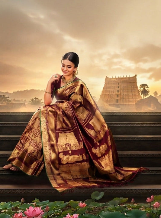 Dark Maroon colour Kanchipuram Samudrika Pattu saree featuring an exclusive gold zari weave of the historic Padmanabhaswamy Temple East Gopuram on the border and pallu, with Anantha Sayanam motif, paired with self colour blouse piece.