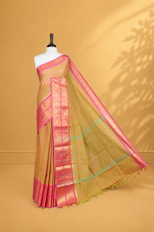 Olive Colour Chettinad cotton saree featuring elegant plain body , complemented by contrast Magenta colour with traditional border, comes with matching blouse piece.
