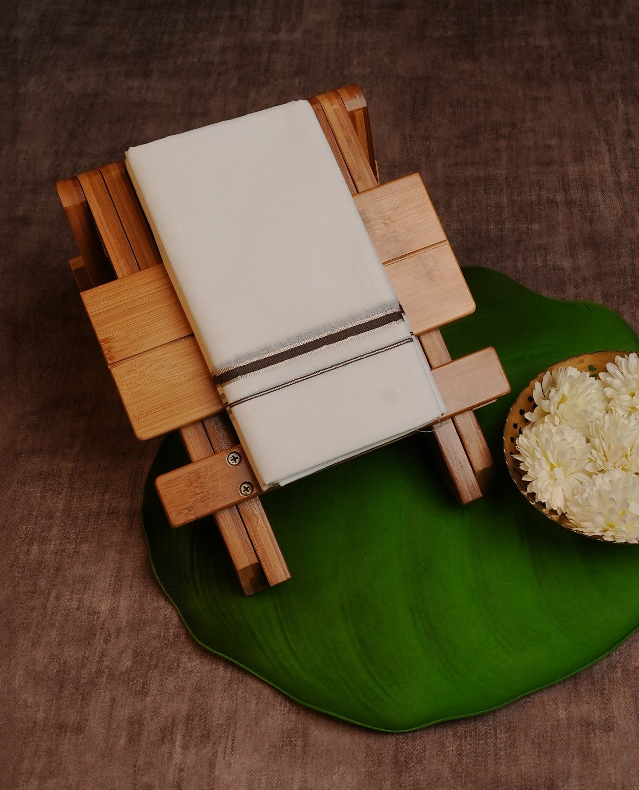 White Colour Cotton Double Dhoti Finished With A Classic Brown & Light Gold Zari Kara