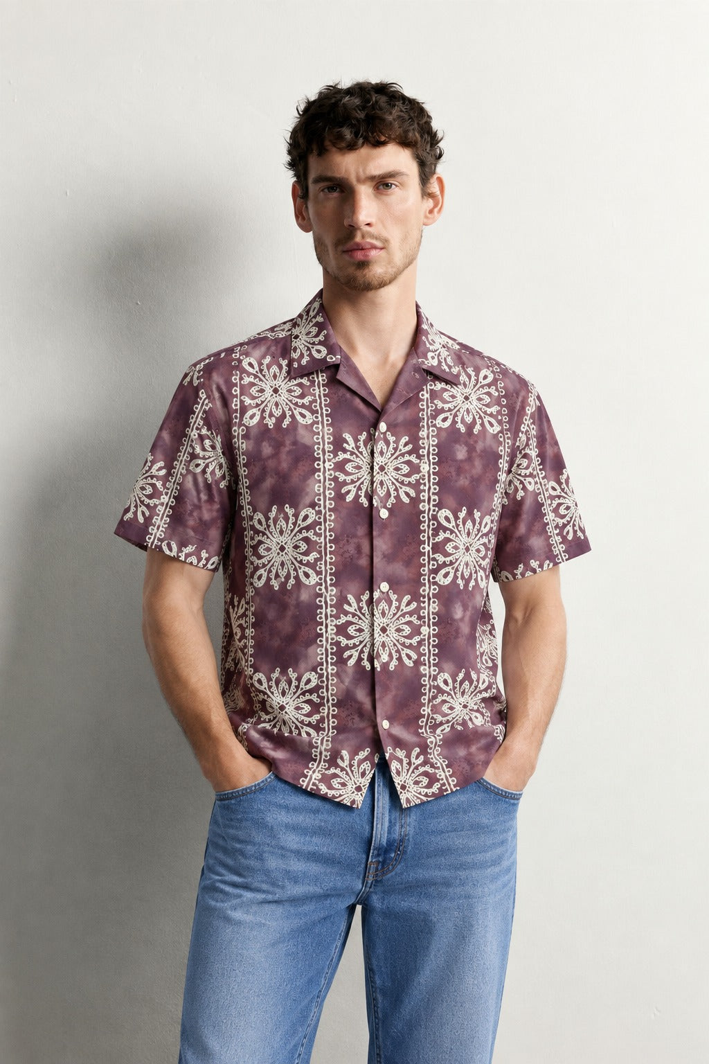 Purple Dye colour design shirt with Cream colour pattern print on body, half sleeve