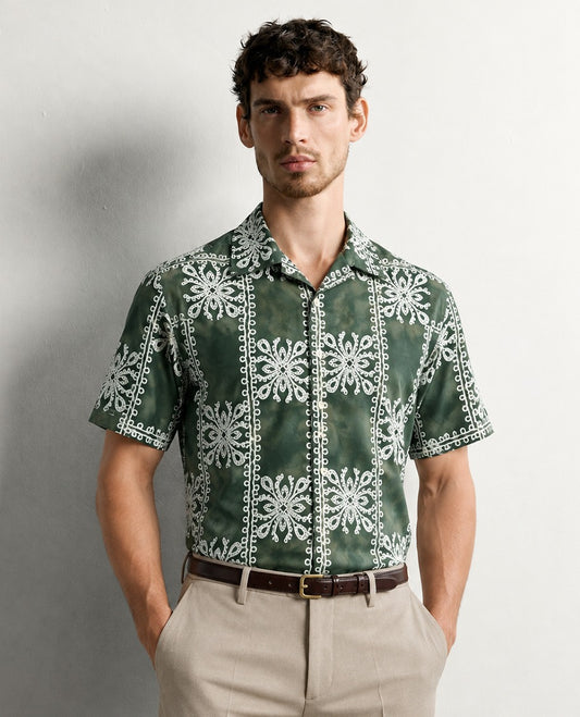 Green Dye colour design shirt with Cream colour pattern print on body, half sleeve.