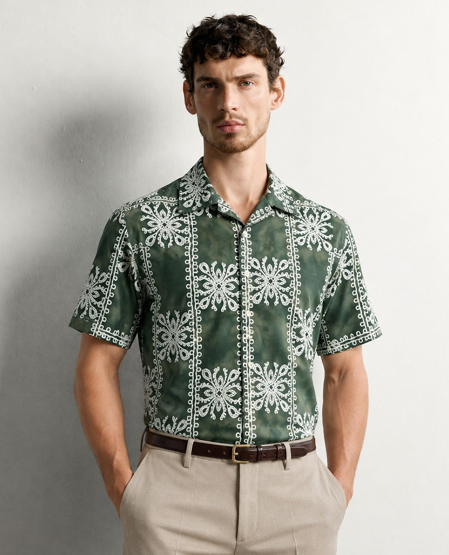 Green Dye colour design shirt with Cream colour pattern print on body, half sleeve.