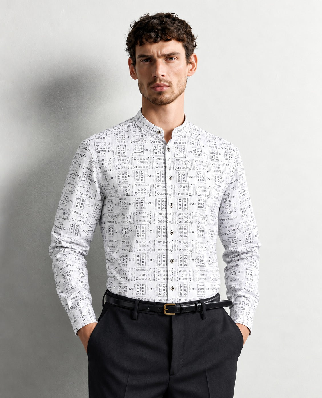 Off White colour shirt Light Brown colour pattern body, Full sleeve.