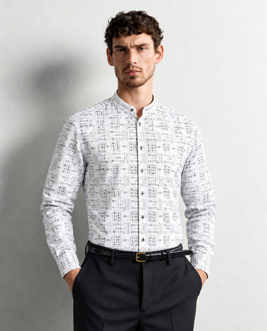 Off White colour shirt Light Brown colour pattern body, Full sleeve.