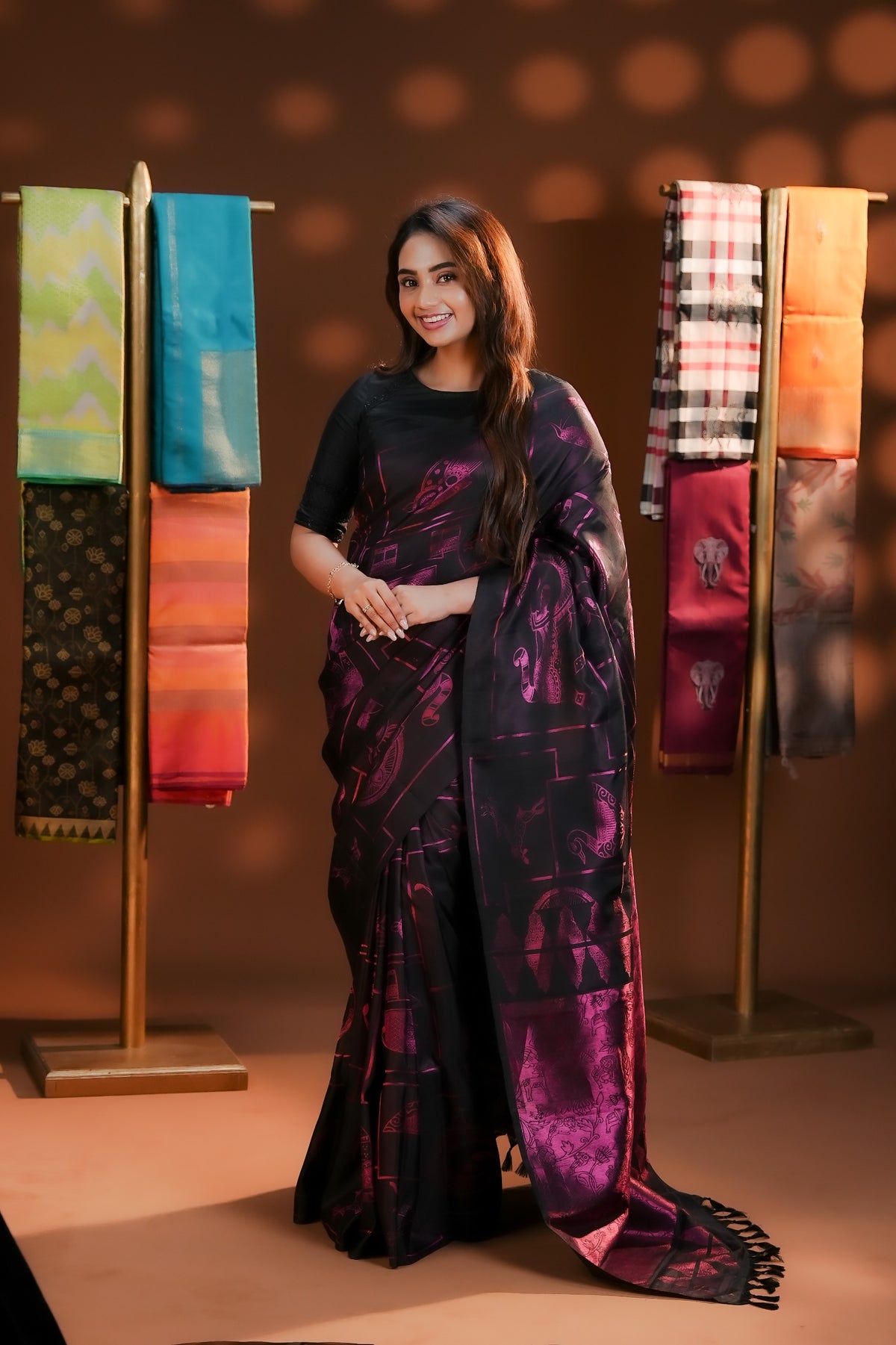 Pink & Black Traditional Kancheepuram Saree featuring metallic zari Elephant, Dove & Peacock motifs in box patterns, with a reversible design offering 2 standing looks and 4 unique pallus, paired with a matching blouse piece.