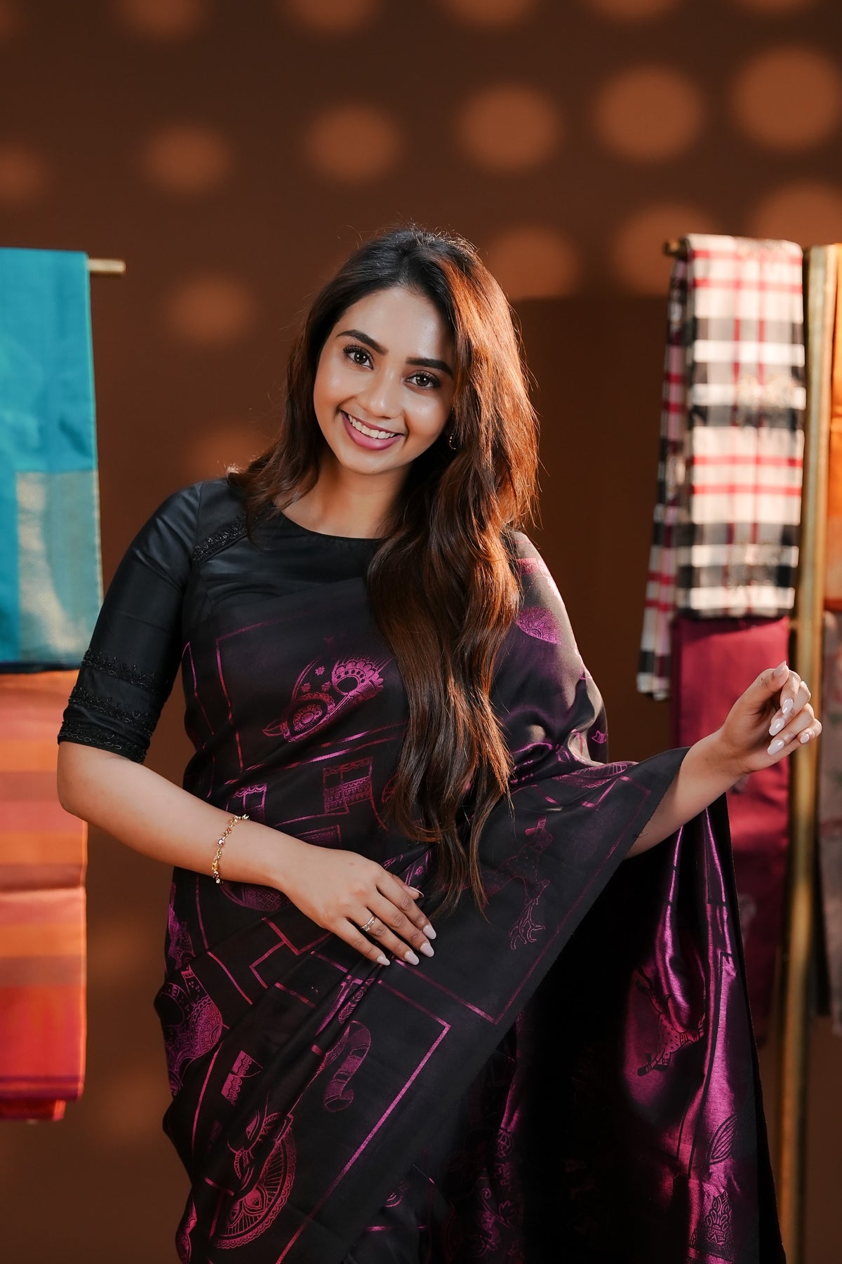 Pink & Black Traditional Kancheepuram Saree featuring metallic zari Elephant, Dove & Peacock motifs in box patterns, with a reversible design offering 2 standing looks and 4 unique pallus, paired with a matching blouse piece.