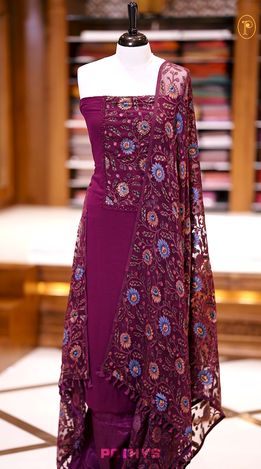 Wine Colour Chiffon partywear churidhar material featuring floral digital print