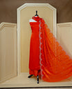 Orange colour Fendy silk salwar material With Elegant plain body with lining, Comes with santoon bottom, Fendy silk dupatta With Floral buttas & Scalp Border.