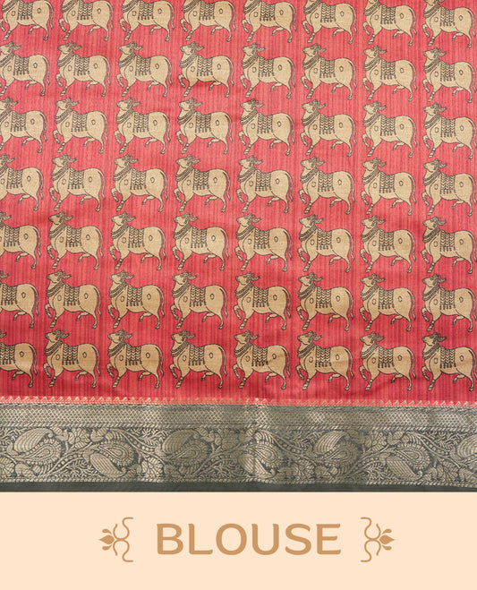 Ash & peach colour Dolla silk saree featuring a striped body with a matching golden zari border, The pallu showcases exquisite Kalamkari prints, complemented by a contrast printed blouse.