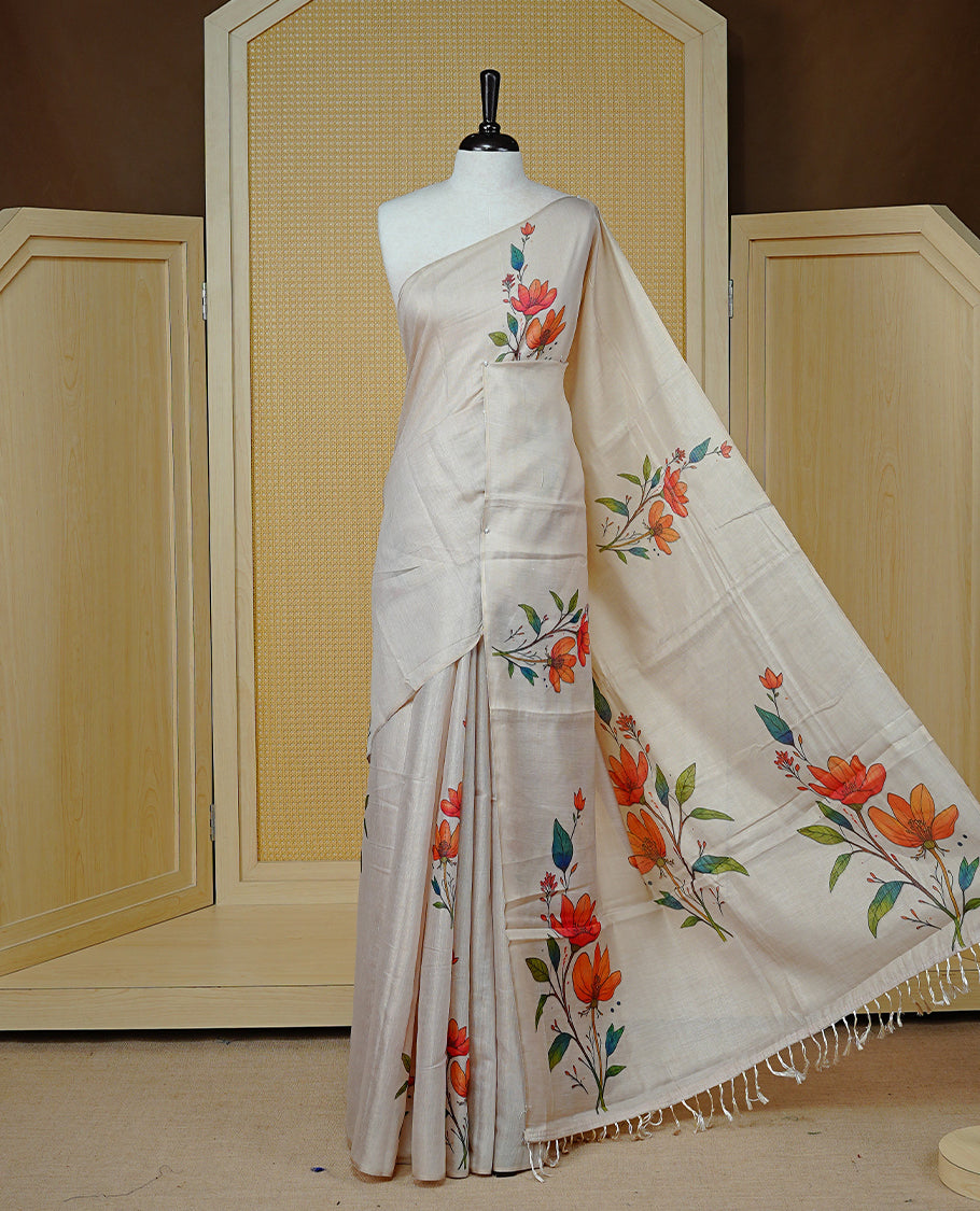 Light Gold colour semi tissue silk saree featuring Digital Flower print motifs on body and border, paired with matching blouse piece.