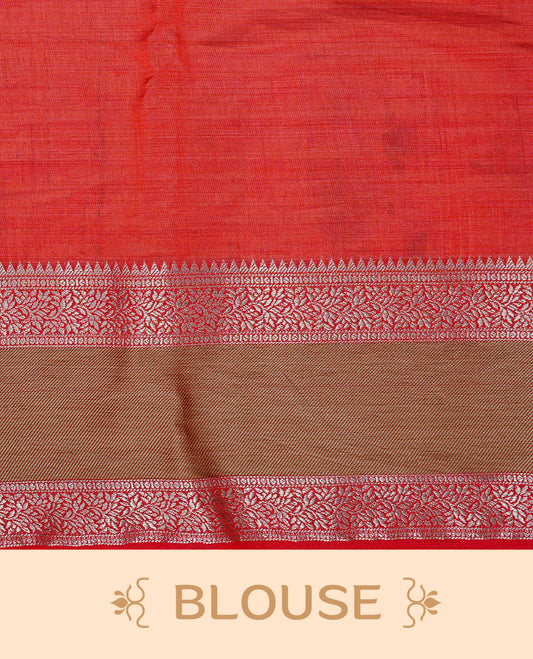 Cream colour semi Tussar silk saree featuring  Elegant body, Complemented by contrast Red with rich zari detailed for onam special, paired with contrast Blouse for Festive look.
