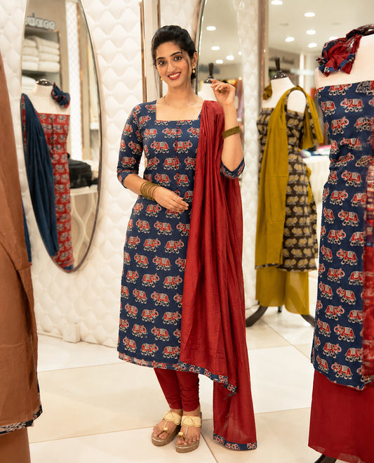 Blue Colour Cotton salwar material Featuring Contrast colour Elephant motifs on body with neat piping border, paired with matching chanderi material dupatta.