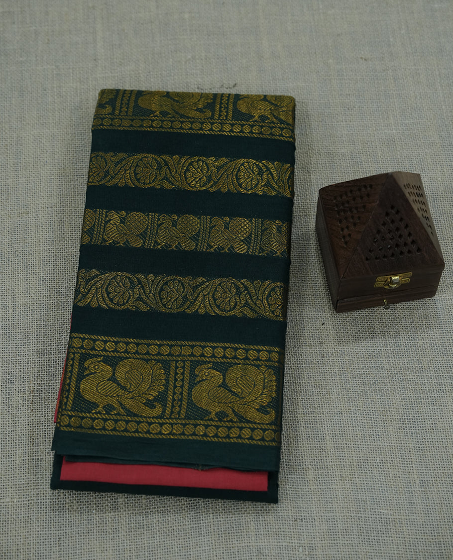 Green colour saree featuring rich gold woven motifs and traditional borders.