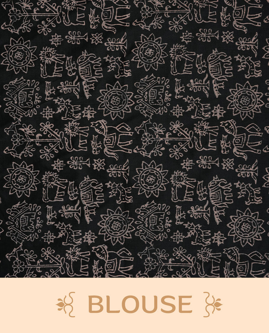 Cream colour poly cotton saree featuring Malayalam letter printed body, without border, comes with Double blouse option  and running blouse piece