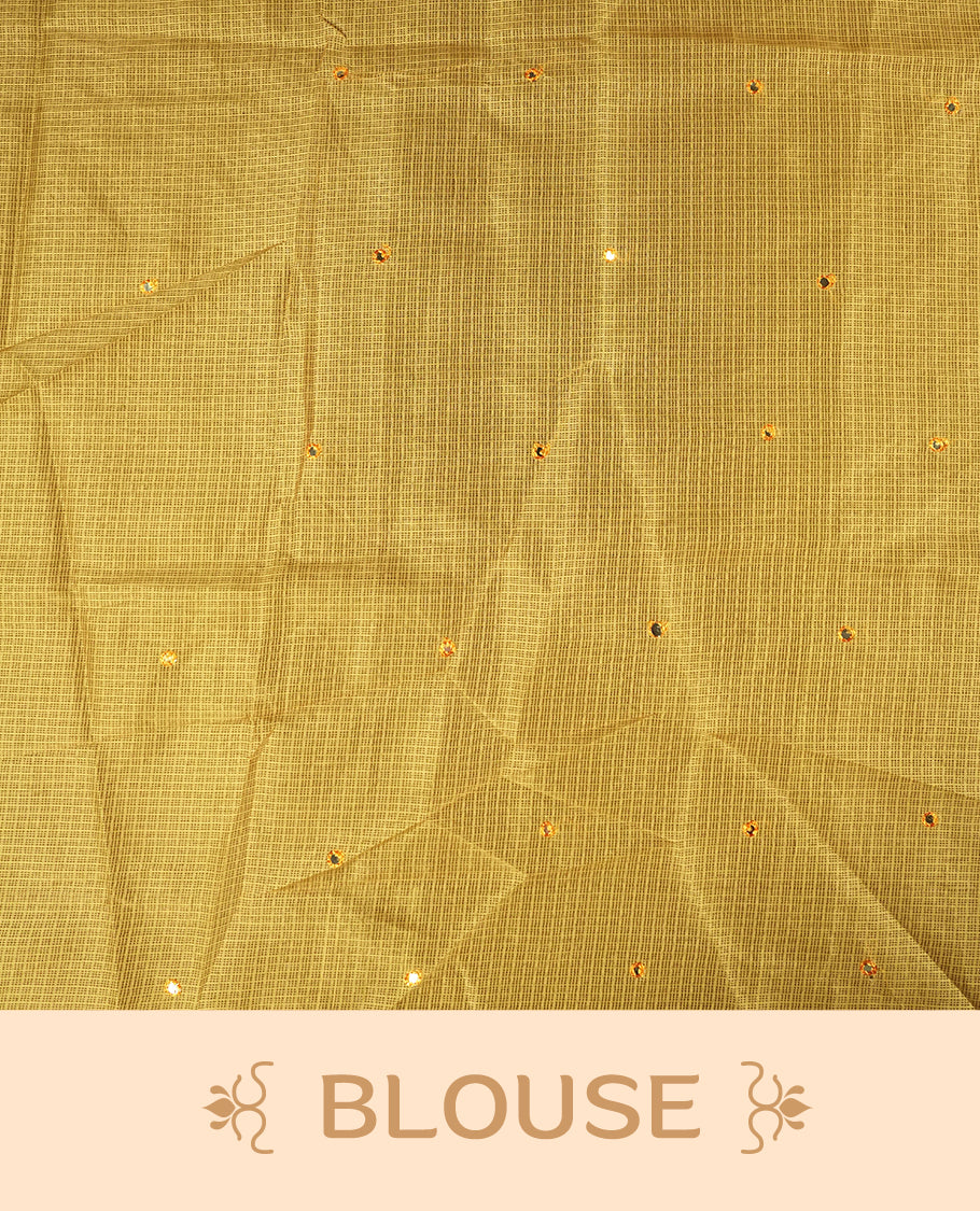 Yellow colour Doriya check cotton saree with soft sequins work on the body, elegant embroidery scallop border, and a simple pallu & Comes with a matching plain blouse piece.