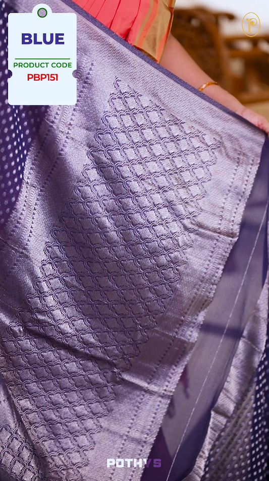 Blue colour Semi Banaras georgette saree adorned with delicate silver zari motifs and a rich woven pallu & Comes with a  matching  blouse.