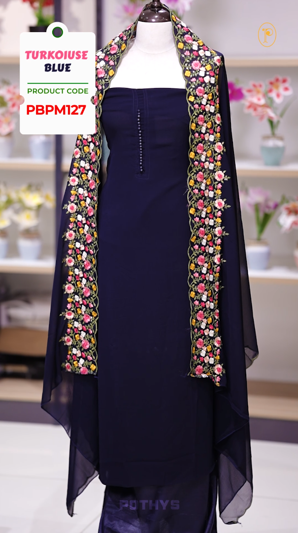Turquoise blue colour Chiffon churidhar material featuring a plain top adorned with delicate beads work on the neckline, paired with a plain bottom, Highlighted by a dupatta with floral embroidery, sequins, and scalloped edges.
