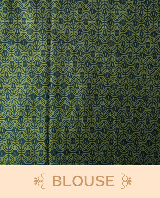 Turquoise blue and light green colour Turkey crepe saree with an bigcircle fancy print on the pallu, stylish printed border, and matching blouse.