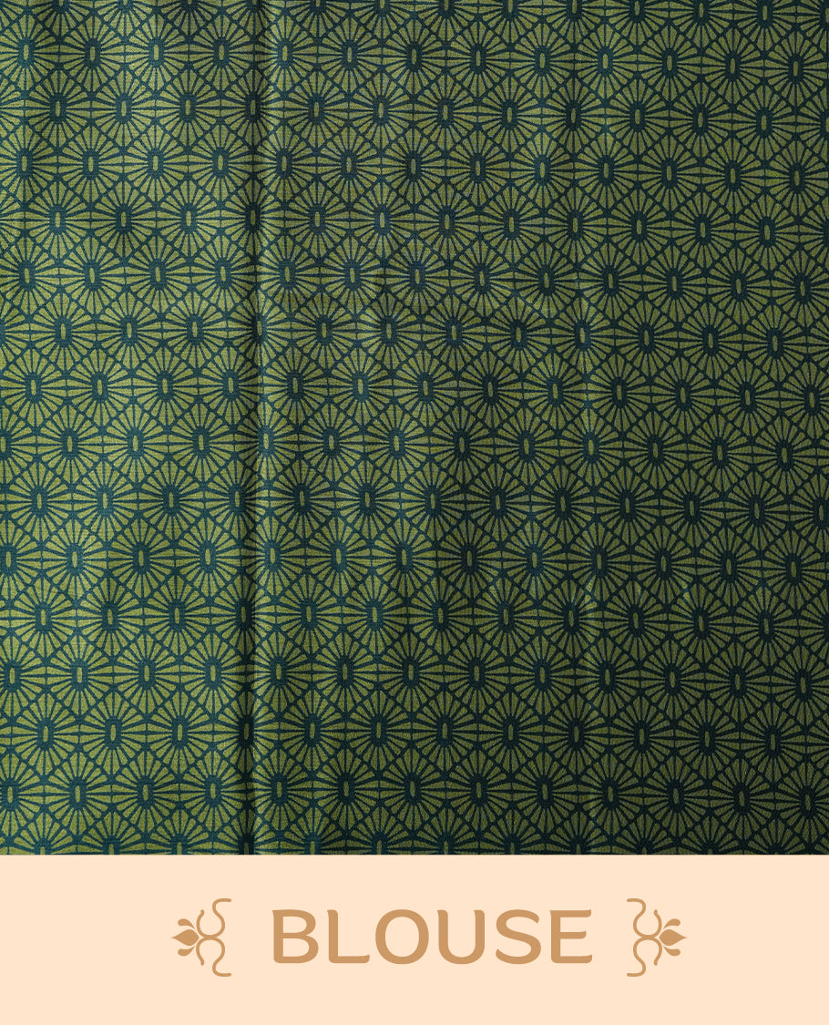 Turquoise blue and light green colour Turkey crepe saree with an bigcircle fancy print on the pallu, stylish printed border, and matching blouse.
