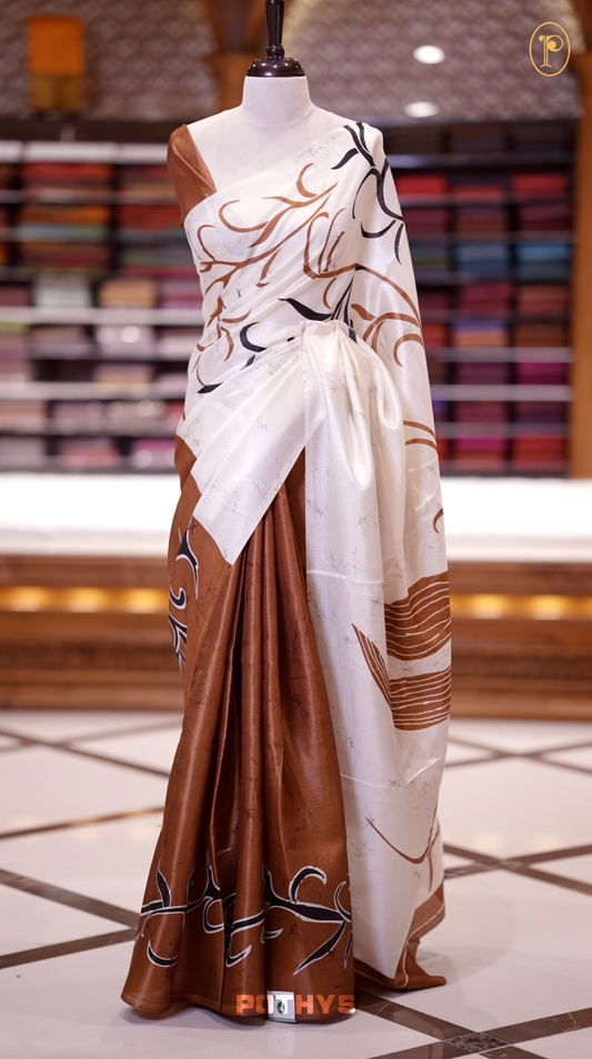Dusty mustard colour saree adorned with bold off white floral prints, blending tradition with a modern twist & paired with a matching blouse.