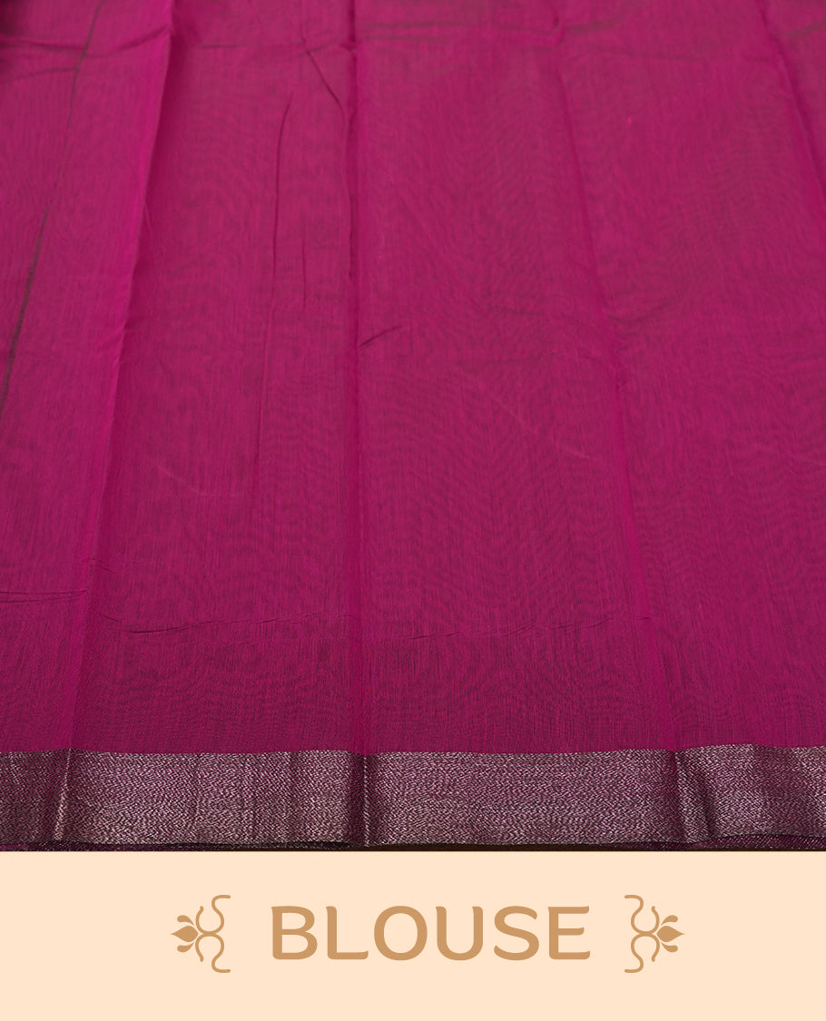 Grape Purple Colour Silk Cotton Saree with Dark Silver Floral Butta Body, Contrasting Dark Silver Zari Pallu & Border, Floral Vine Motifs, and Matching Plain Woven Blouse Piece