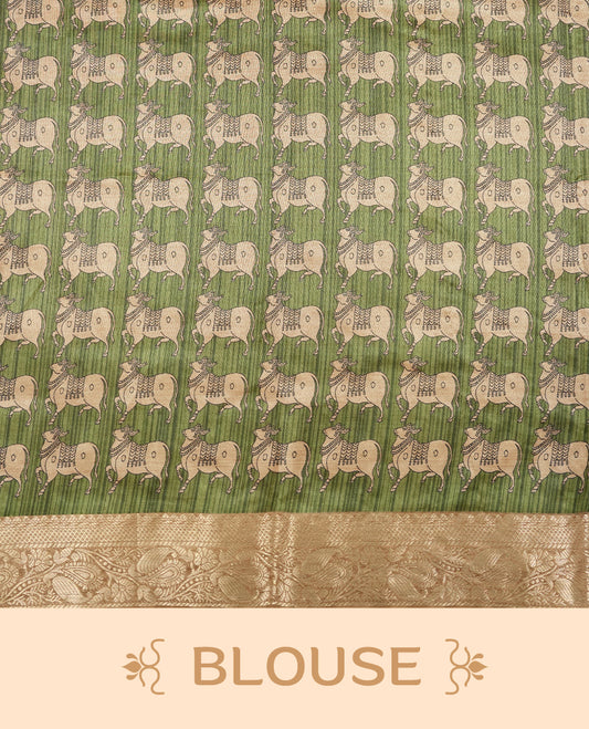 Chikku & green colour Dolla silk saree featuring a striped body with a matching golden zari border, The pallu showcases exquisite Kalamkari prints, complemented by a contrast printed blouse.