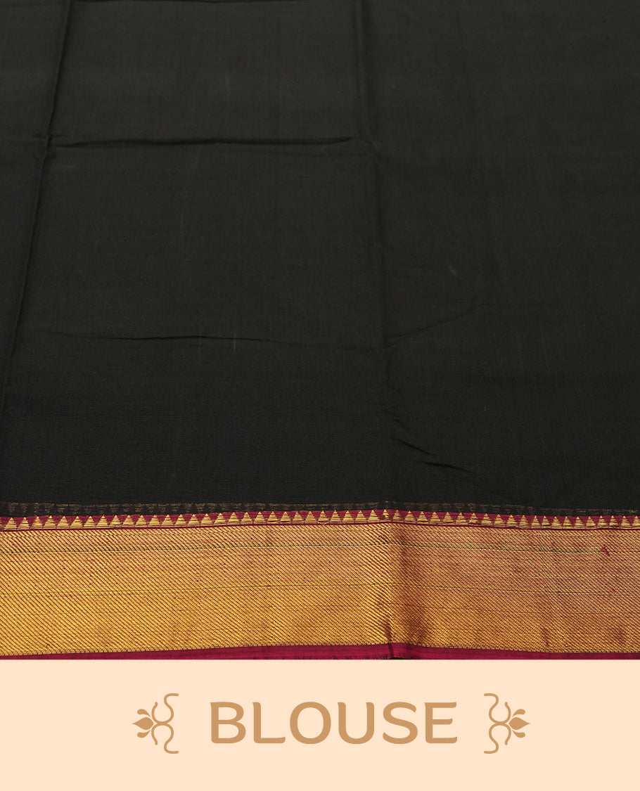 Black colour Narayanapattu cotton saree featuring a self coloured body, maroon coloured with gold zari pattern border and gold striped colour pallu, pairing a matching blouse piece.