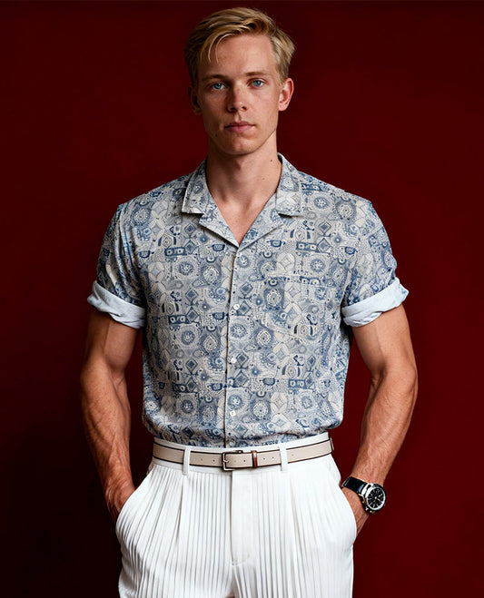 Cream colour short sleeve shirt features a rounded spread collar and a featuring an intricate blue and grey geometric tile design & its ideal for both casual days and laid back evenings.