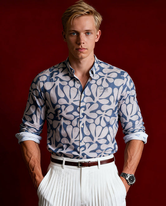 Blue colour shirt featuring a subtle self print design, Designed with a classic collar and full sleeves, it blends effortless style with everyday comfort.