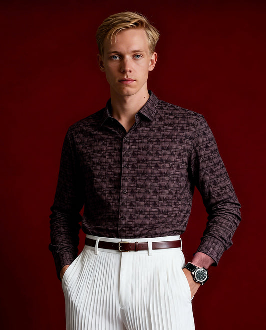 Wine colour geometric print shirt with a classic spread collar and full sleeves, Crafted from a premium cotton blend, it offers comfort and elegance.