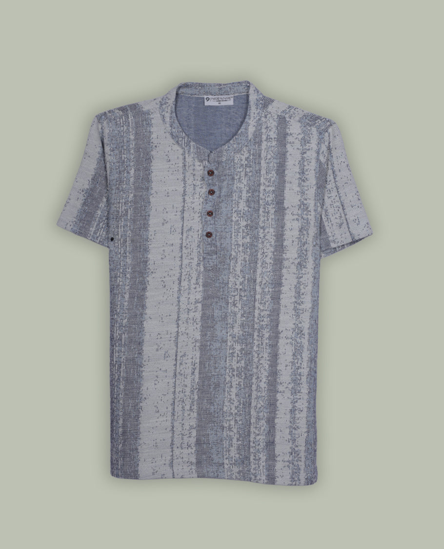 Light grey & slate blue colour shirt adorned with subtle vertical textured stripe patterns, featuring a smart mandarin collar and comfortable short sleeves
