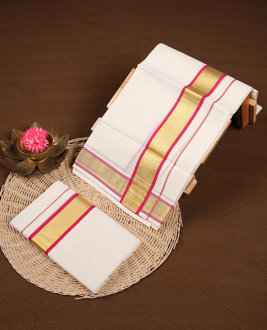 Off white colour cotton set mundu highlights gold and Maroon zari border (2.00/2.80 MTS).