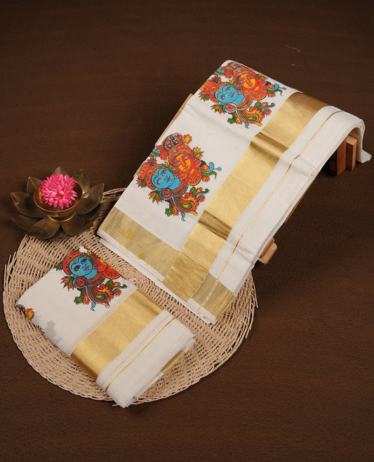 Off white colour cotton set mundu highlights gold  zari border featuring radha and krishna print across border (2.00/2.80 MTS).