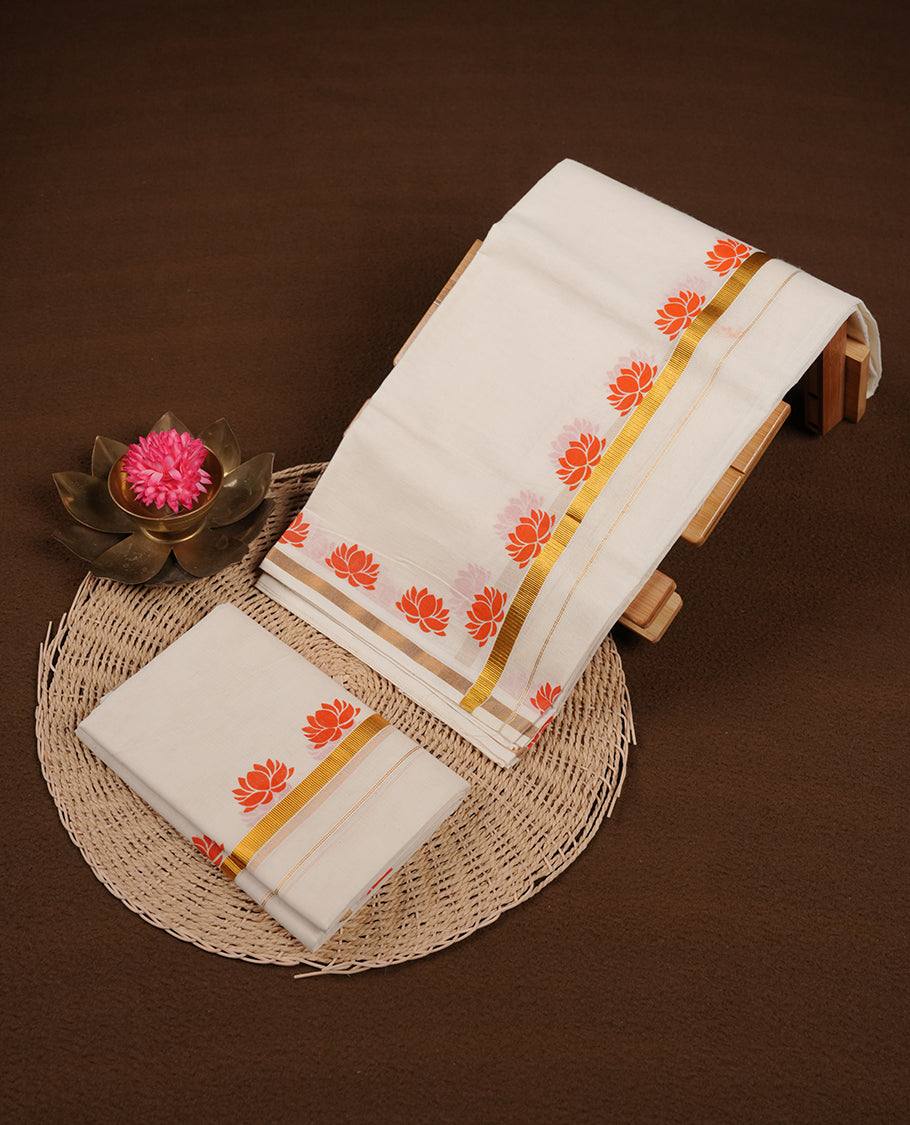 Off white colour cotton set mundu highlights gold zari border featuring orange colour lotus block print across border (2.00/2.80 MTS).