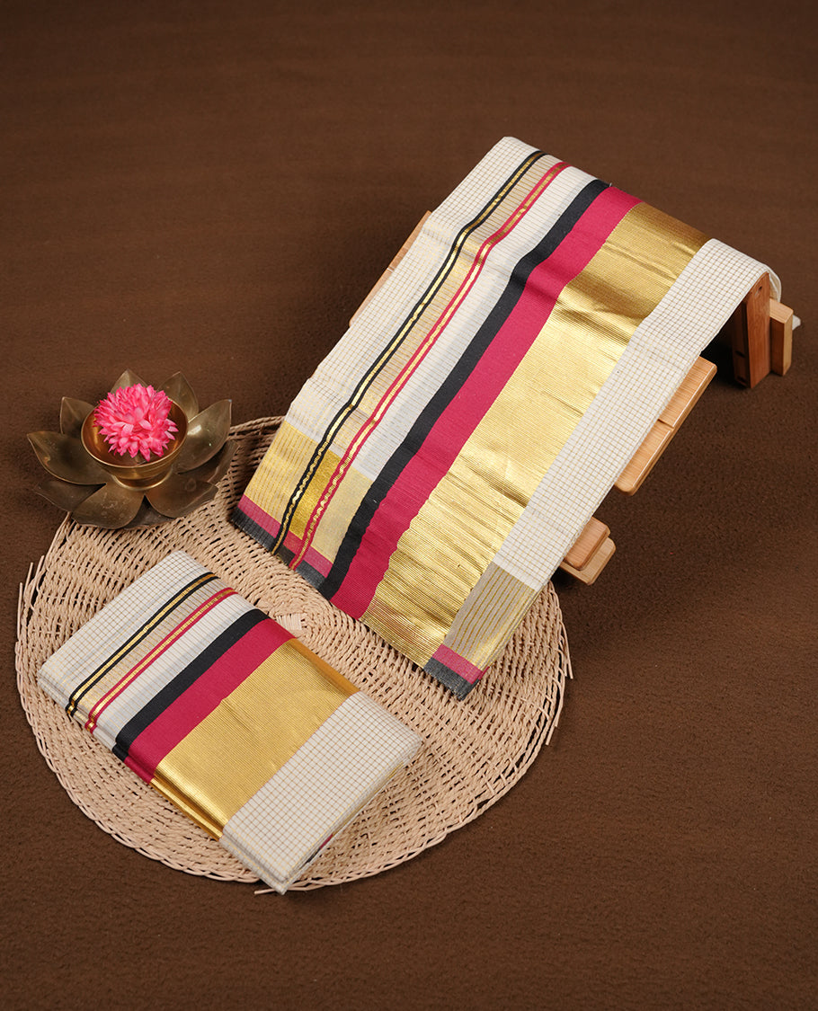 Off white colour cotton set mundu featuring gold zari check pattern across body highlights gold, black and maroon zari border (2.00/2.80 MTS).