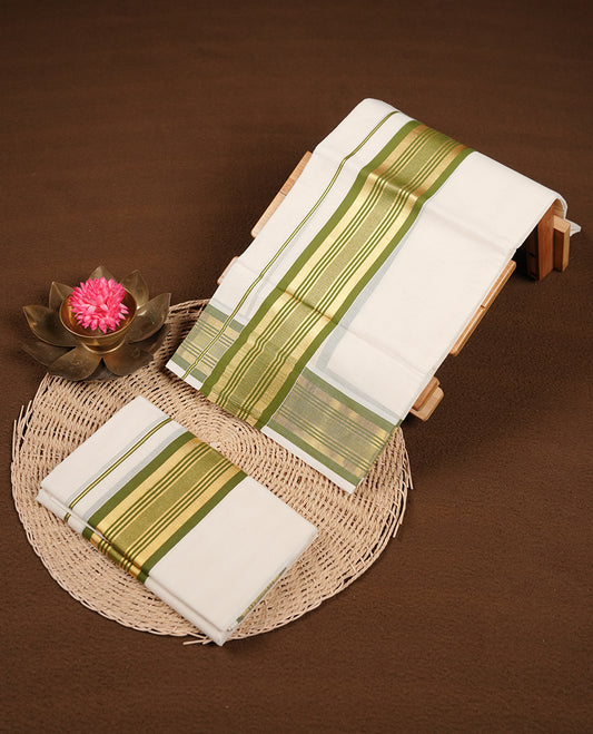 Off white colour cotton set mundu highlights gold and green zari border border (2.00/2.80 MTS).