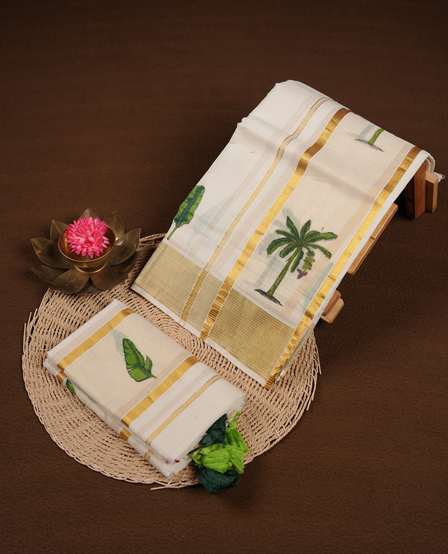 Cream colour cotton set mundu Highlights Gold zari border featuring banana tree and leaf print across border (2.00/2.80 MTS).