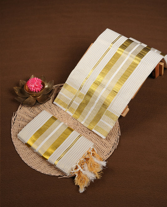 Off white colour cotton set mundu featuring gold zari check pattern across body,  highlights gold zari border (2.00/2.80 MTS).