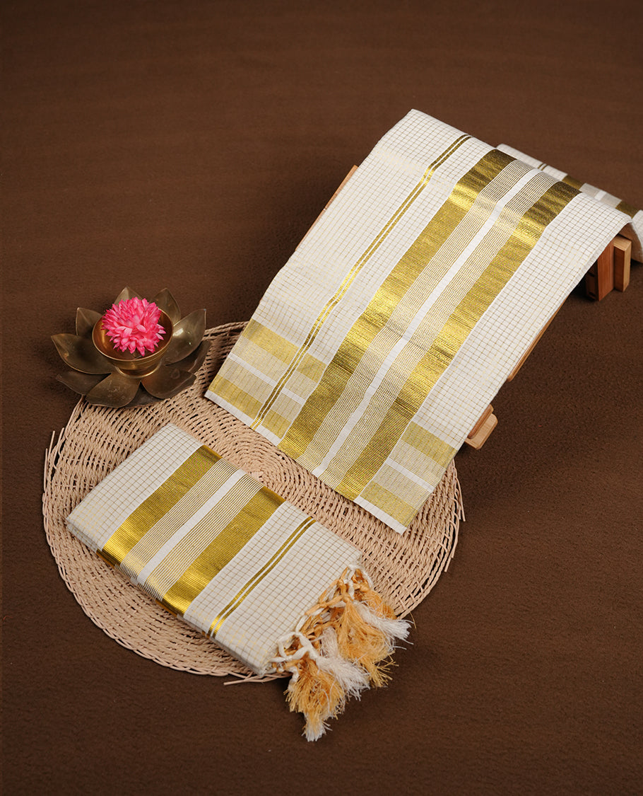 Off white colour cotton set mundu featuring gold zari check pattern across body,  highlights gold zari border (2.00/2.80 MTS).