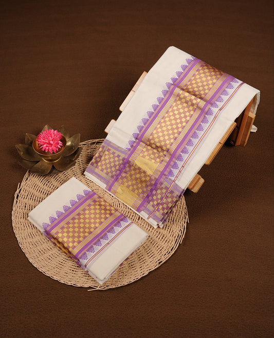 Off white colour cotton set mundu highlights gold and brown box zari border featuring purple colour block print across border. (2.00/2.80 MTS).