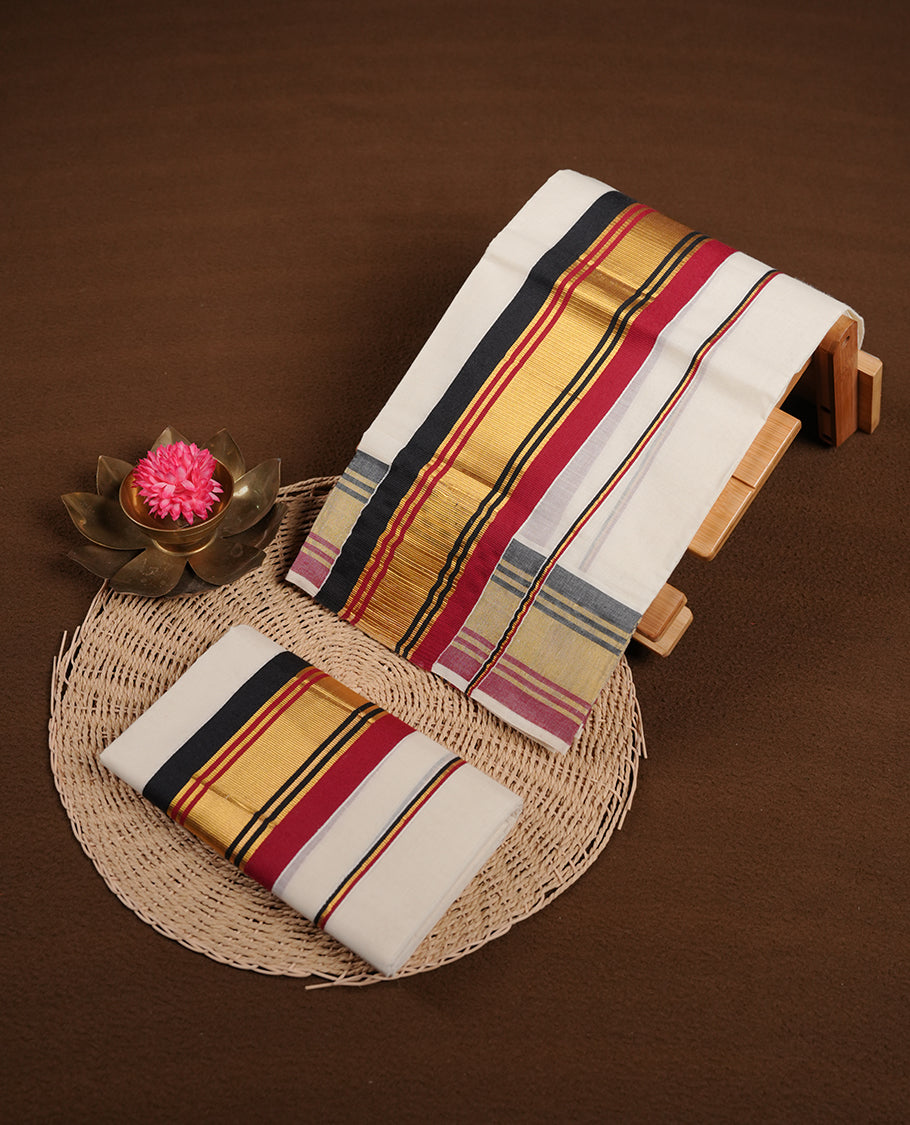 Off white colour cotton set mundu highlights gold, black and dark red colour zari border (2.00/2.80 MTS).