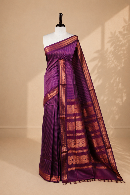 Grape colour kalyani cotton saree featuring gold zari Check pattern on body, complemented by self colour with Antique zari border, paired with matching blouse piece.