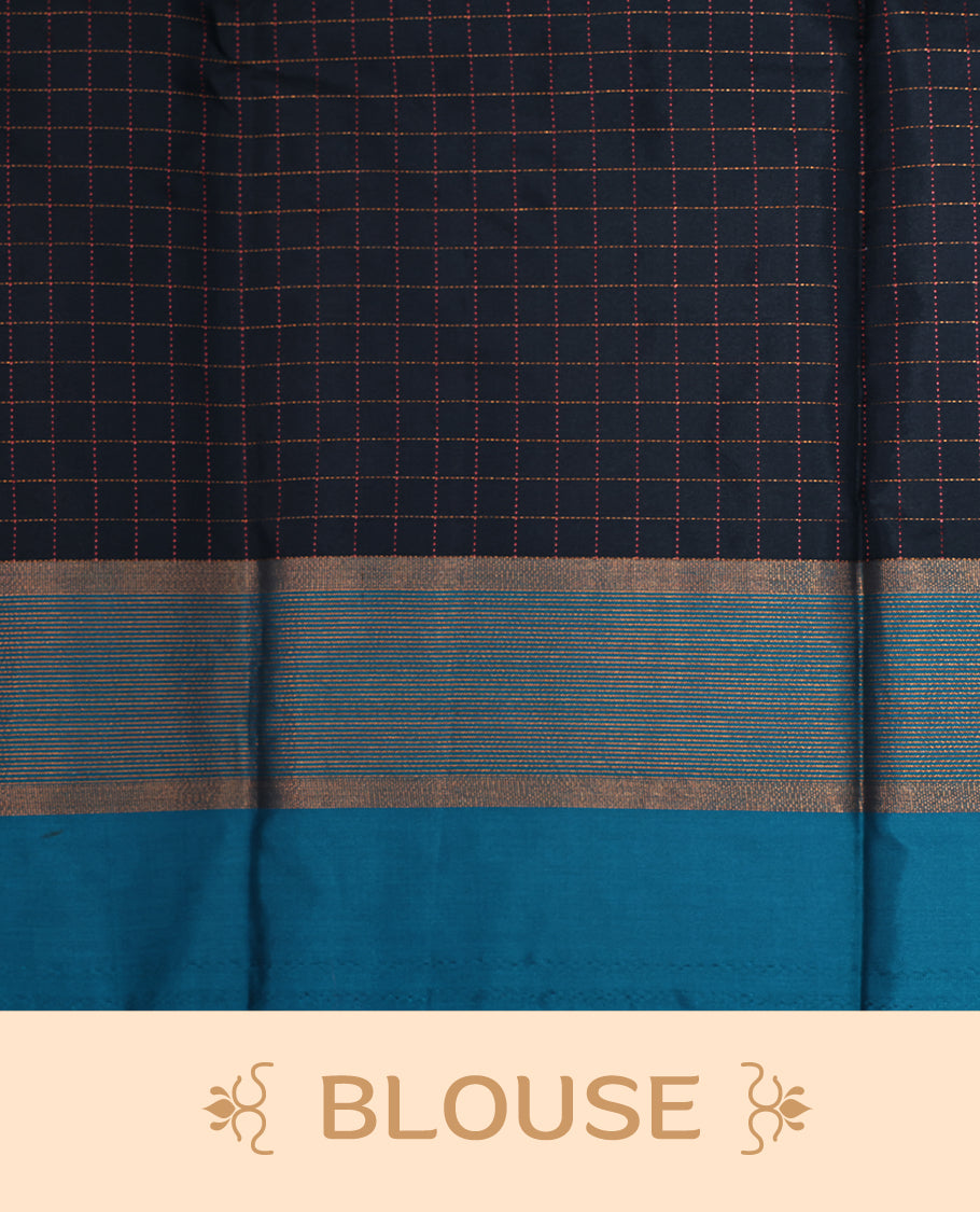Dark Blue colour Semi Silk Saree Featuring Gold zari Small Checks on body, complemented by Contrast Border Detailing, comes with matching blouse piece.