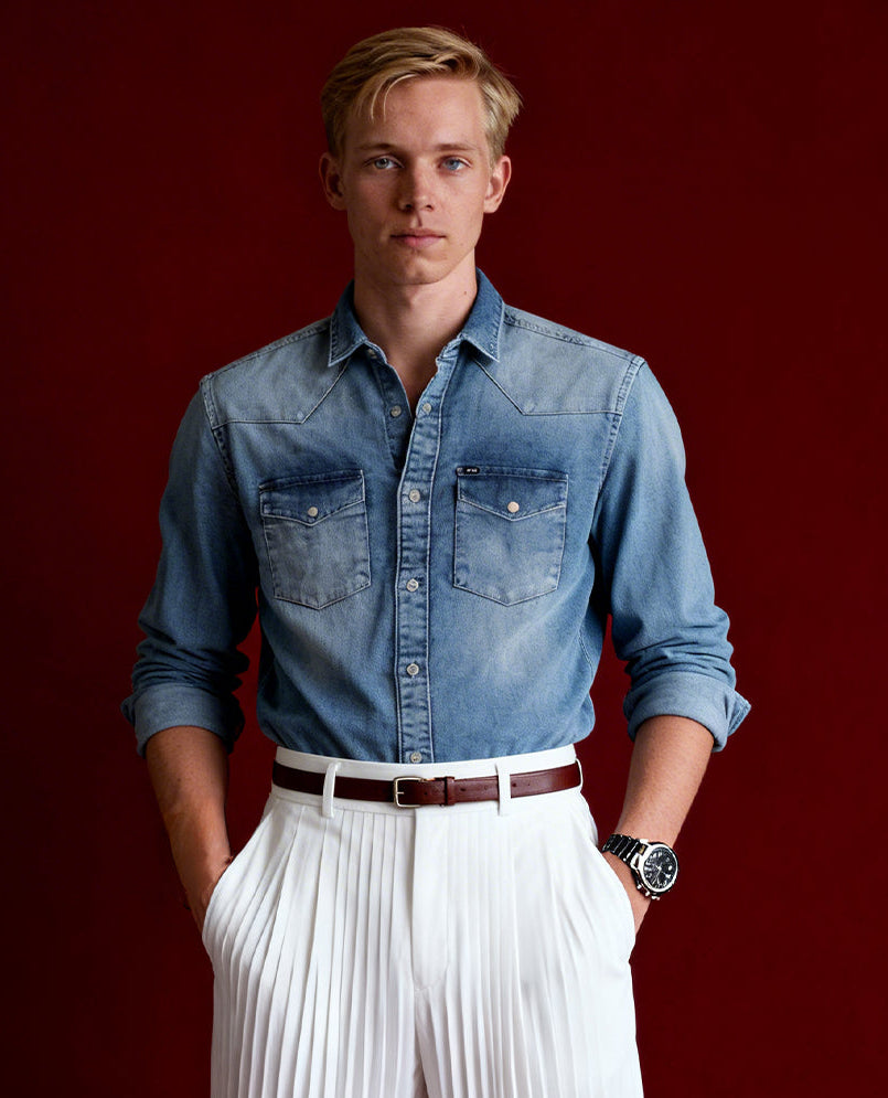 Light blue colour denim shirt with a faded wash finish, Features two front flap pockets, button down closure, and long sleeves with cuffs, Perfect for a rugged yet casual look.