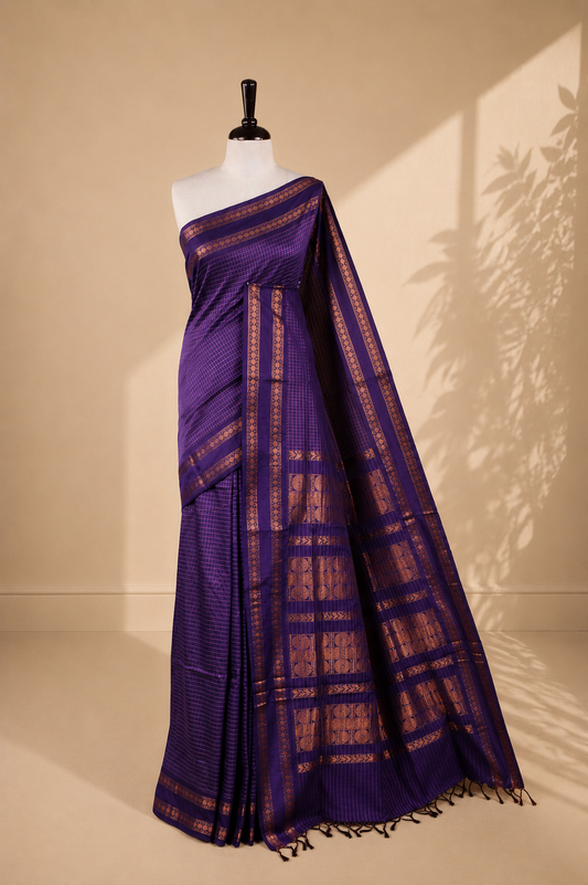 Navy blue colour kalyani cotton saree featuring gold zari strip pattern on body, complemented by self colour with Antique zari border, paired with matching blouse piece.