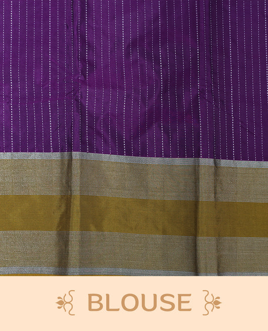 Purple colour Semi Silk Saree Featuring Gold zari Stripes on body, complemented by Contrast Border Detailing, comes with matching blouse piece.