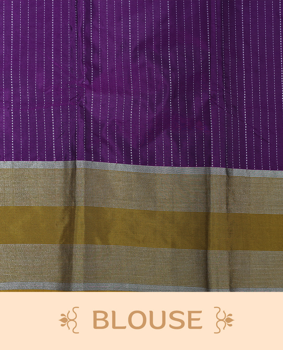 Purple colour Semi Silk Saree Featuring Gold zari Stripes on body, complemented by Contrast Border Detailing, comes with matching blouse piece.