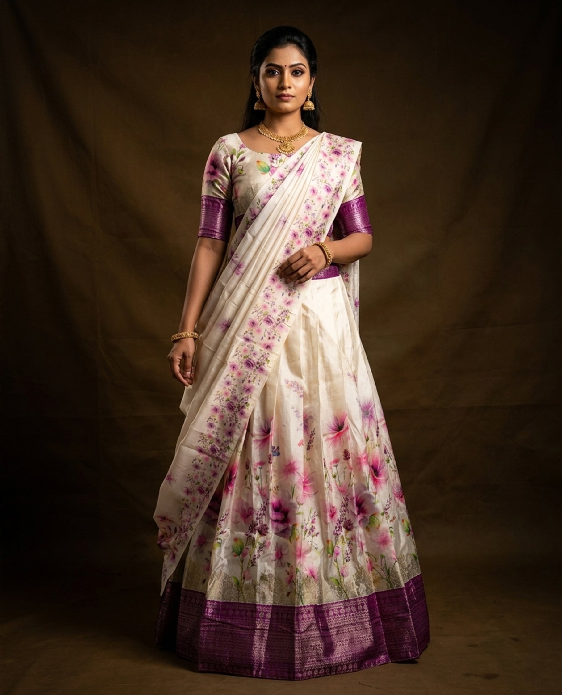 Off white colour semi stitched half saree featuring elegant multicolour floral prints, paired with a light gold border and matching printed dupatta ,paired with matching blouse piece.